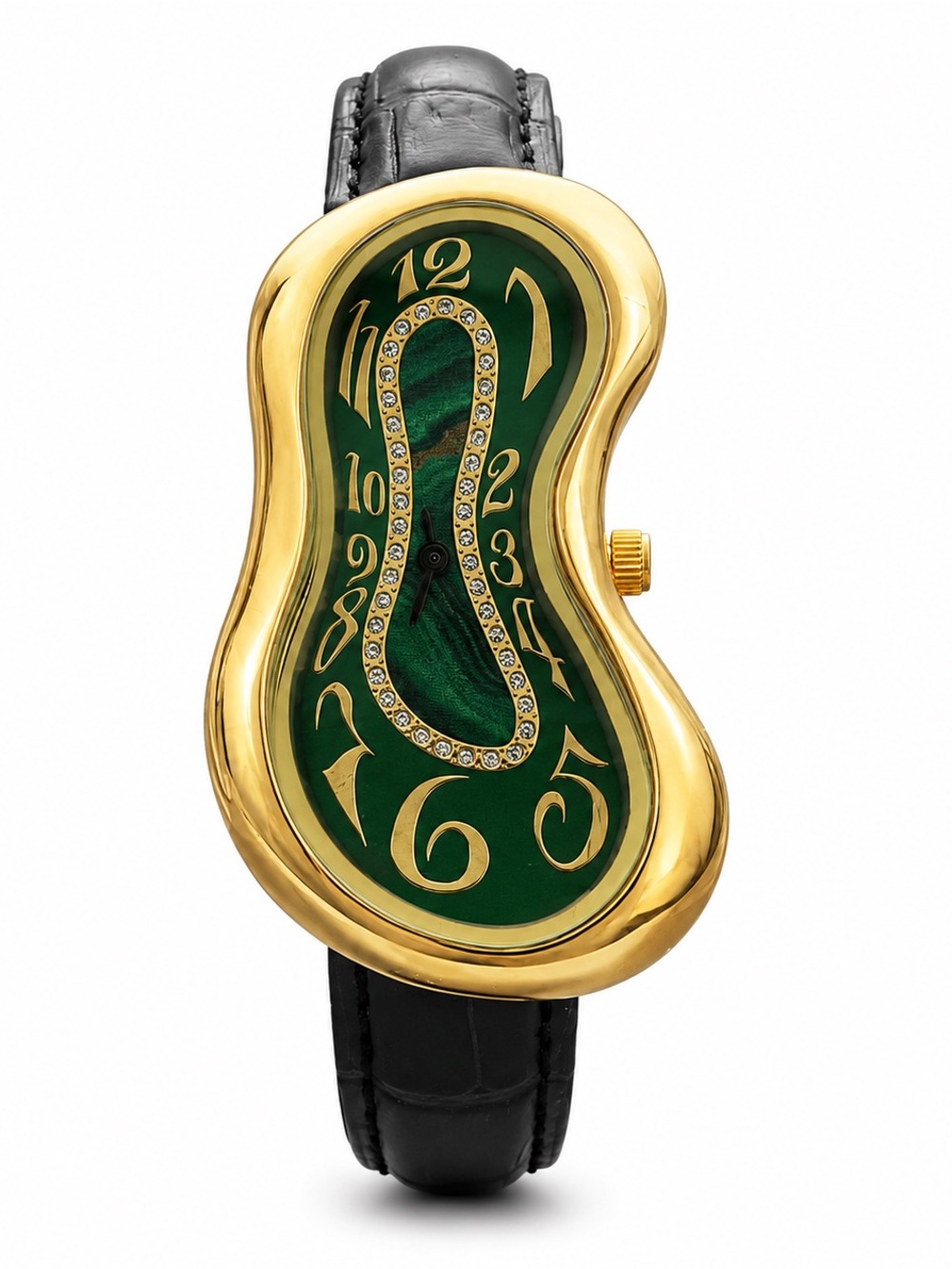 Surrealist Melting Watch Gold Tone Green Dial Crystal Accent Statement Watch